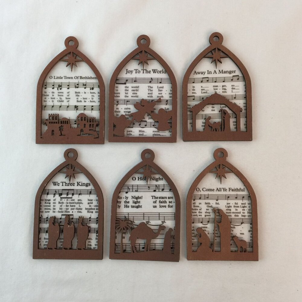 Wood Laser Cut Nativity Christmas Ornament w/Carol Music 4" Set of 6 Lot #4‎